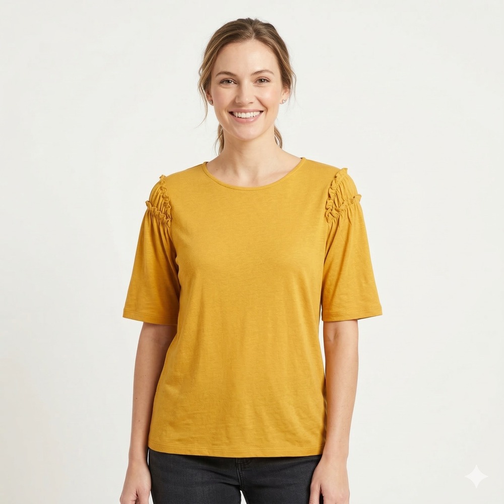 After Market Women's Size Medium Mustard Ruffle Shoulder Stretch Blouse Tops NWT